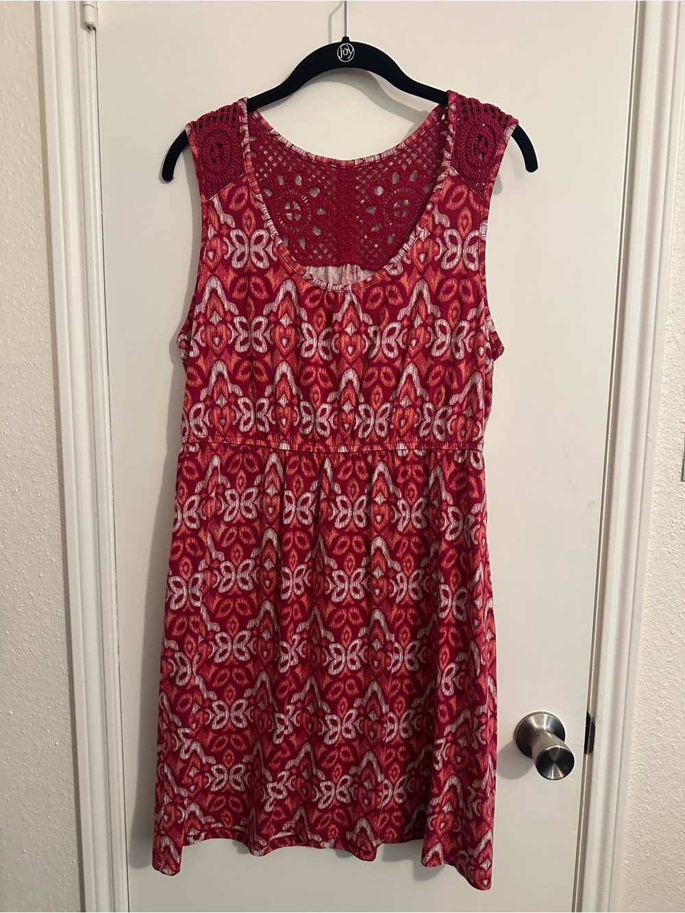 Sleeveless Red Patterned Crochet-Yoke Dress
